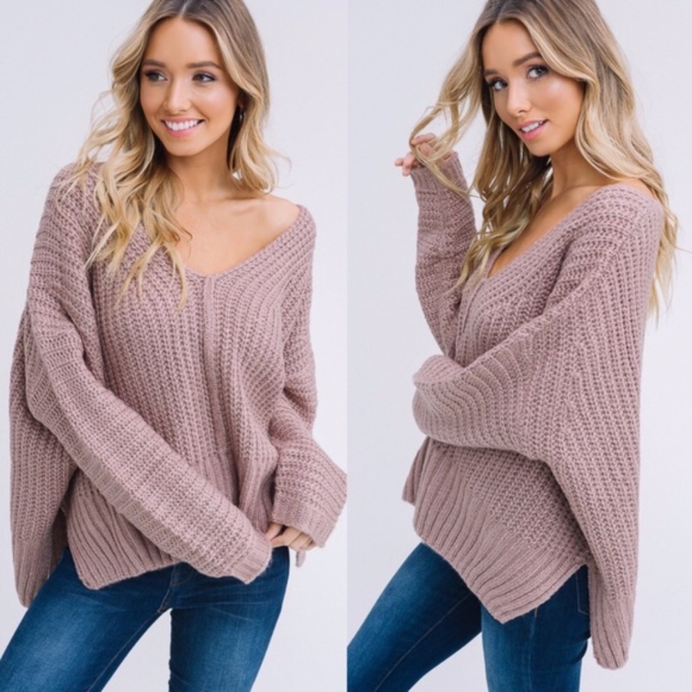 Cozy Mocha V neck Oversized Sweater Top - Picture 3 of 4